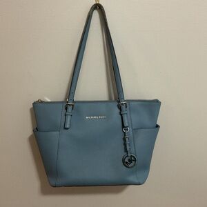 Michael Kors Charlotte Large Saffiano Leather Top Zip Tote Bag, Denim Blue